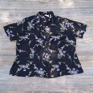 Floral Pattern Semi Sheer Short Sleeve Button Down Front Blouse Top